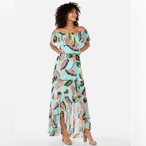 Express Tropical Print Ruffle Off Shoulder Dress XS